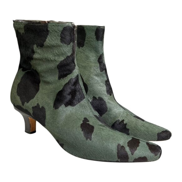 Jimmy Choo Calf Hair Cow Print Kitten Heel Ankle Boot Green 9.5 Western Boho - Picture 1 of 13